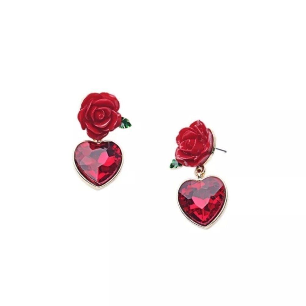 Ruby Red Heart Crystal Flower Gold Statement Drop Earrings